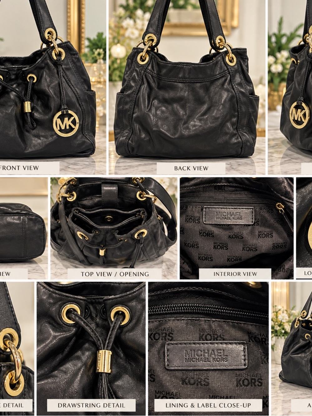 MICHAEL Michael Kors Black Leather Drawstring Shoulder Bag with Gold Hardware